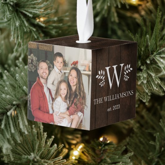 木素朴のモノグラムのクリスマス家族3写真 キューブオーナメント (ツリー)