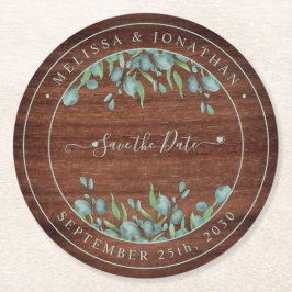 木素朴のユーカリ結婚式の日付を保存 ラウンドペーパーコースター