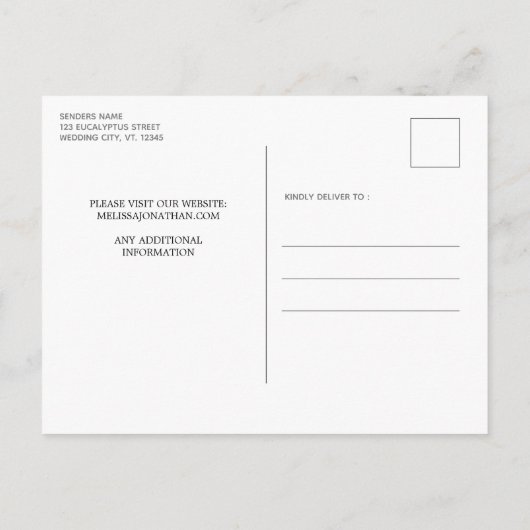 木素朴のユーカリ結婚式の日付を保存 案内ポストカード (裏面)