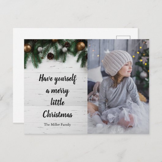 木素朴の上のクリスマスパインのカスタム写真 シーズンポストカード (正面/裏面)