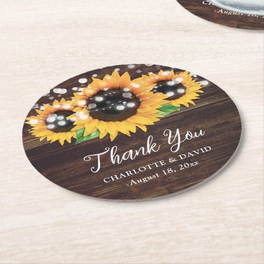 木素朴の弦ひまわり結婚の ラウンドペーパーコースター (アングル)