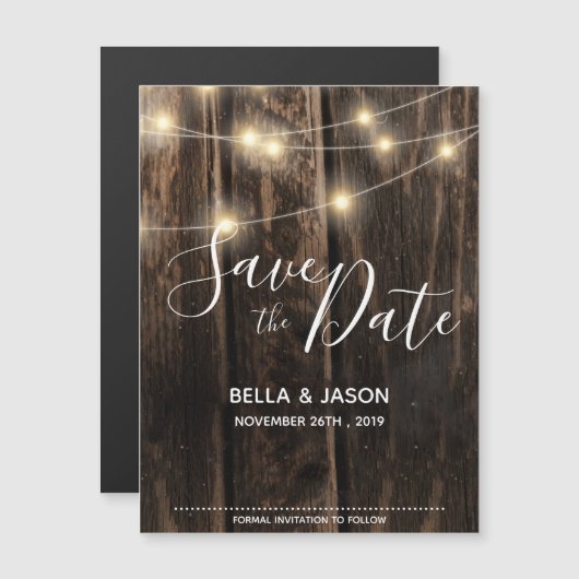 木素朴の弦ライトウェディング日付を保存 マグネット招待状 (正面/裏面)