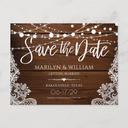 木素朴の弦ライトウェディング日付を保存 案内ポストカード (正面)