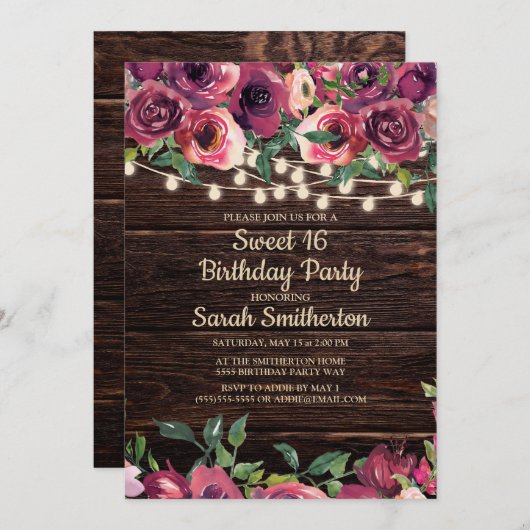 木素朴の文字列ライトパープルフローラスイート16 招待状 (正面/裏面)