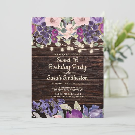 木素朴の文字列ライトパープルフローラスイート16 招待状 (スタンド正面)