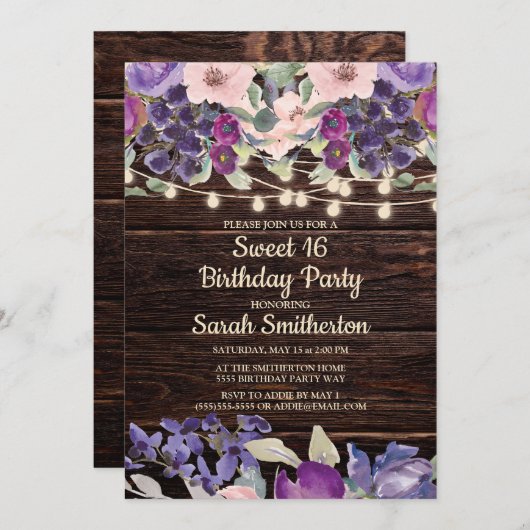 木素朴の文字列ライトパープルフローラスイート16 招待状 (正面/裏面)