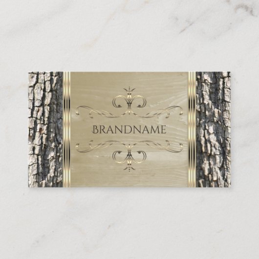 木素朴の樹皮の木目と金ゴールド華美縁ど 名刺 (正面)