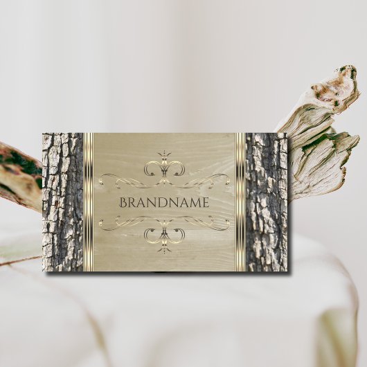木素朴の樹皮の木目と金ゴールド華美縁ど 名刺