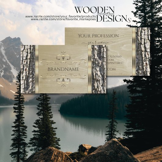 木素朴の樹皮の木目と金ゴールド華美縁ど 名刺