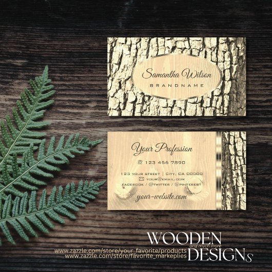 木素朴の樹皮の軽い木目の楕円形の金ゴールド縁ど 名刺