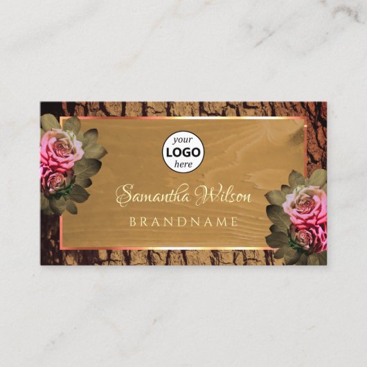 木素朴の樹皮フローラ咲きバラロゴ 名刺 (正面)