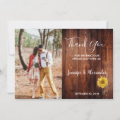 木素朴の水色ひまわり結婚写真 サンキューカード (正面)