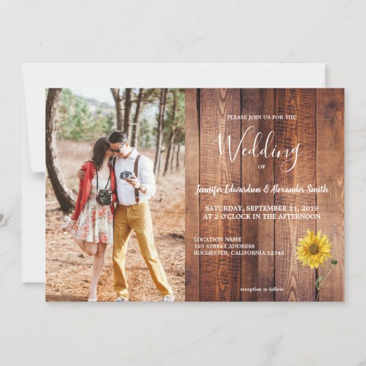 木素朴の水色ひまわり結婚写真 マグネット招待状 (正面)