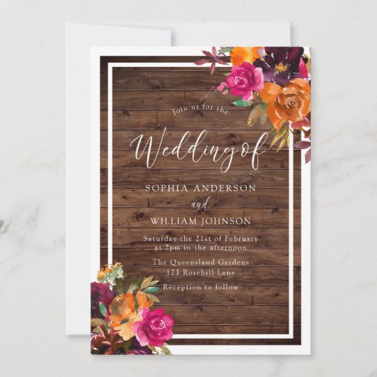 木素朴の熱帯秋の花結婚の数 招待状 (正面)