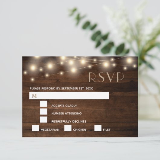 木素朴の糸のライトとレース RSVPの食事 出欠カード (スタンド正面)