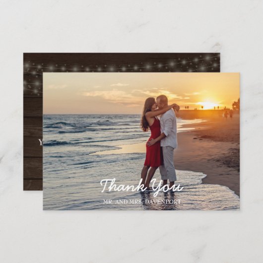 木素朴の糸のライト写真結婚の感謝 サンキューカード (正面/裏面)