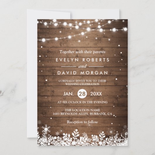 木素朴の糸ライトスノーフレーク冬の結婚式 招待状 (正面)