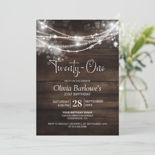 木素朴の糸ライト21st誕生日パーティー 招待状 (スタンド正面)