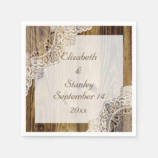 木素朴の素朴の上の白いレース結婚レース スタンダードカクテルナプキン (正面)