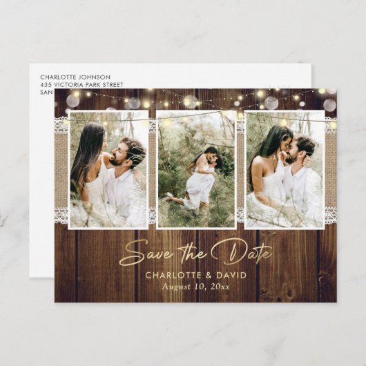 木素朴の結婚式の日付の写真はがきを保存 案内ポストカード (正面/裏面)