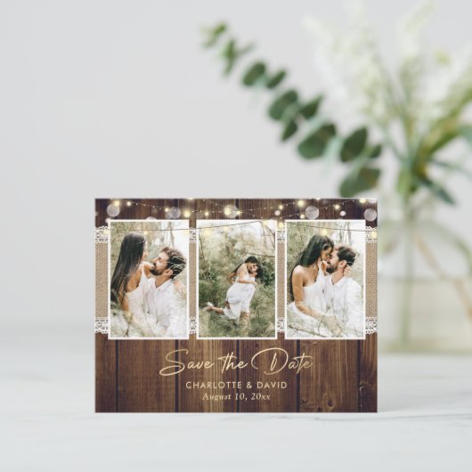 木素朴の結婚式の日付の写真はがきを保存 案内ポストカード (スタンド正面)