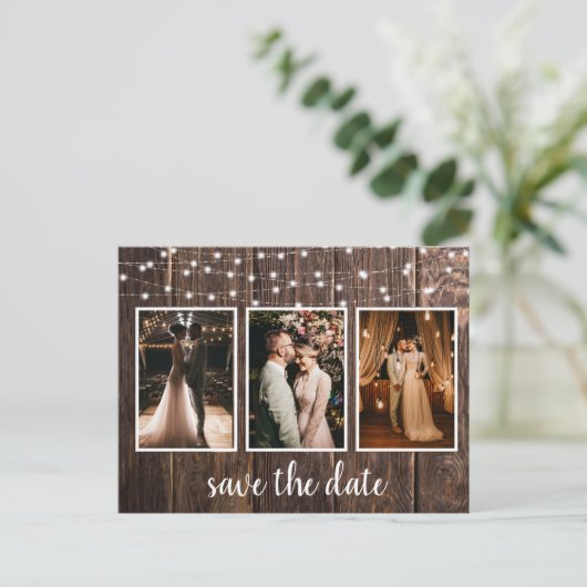 木素朴の3つのフォトライト日付を保存 ポストカード (スタンド正面)