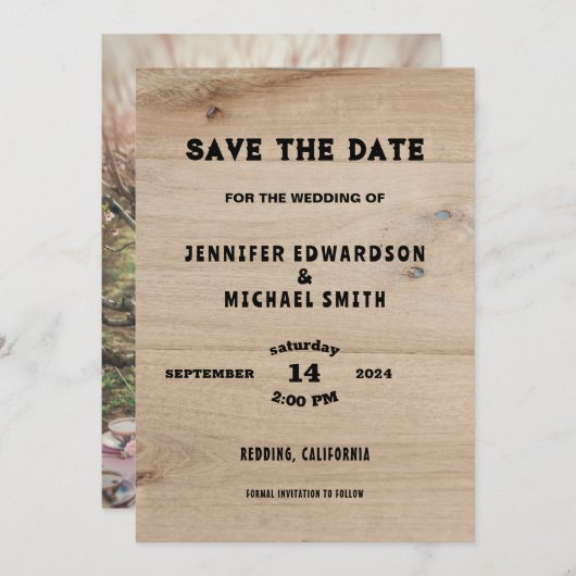 木素朴国の結婚式の写真日付を保存 招待状 (正面/裏面)