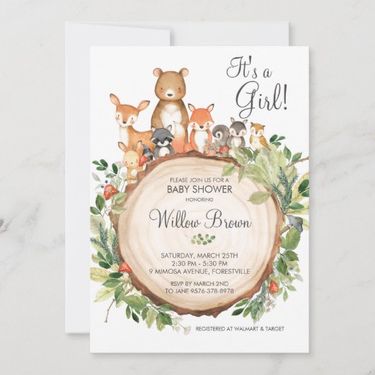 木素朴地動物の赤ちゃんシャワーガール 招待状 (正面)