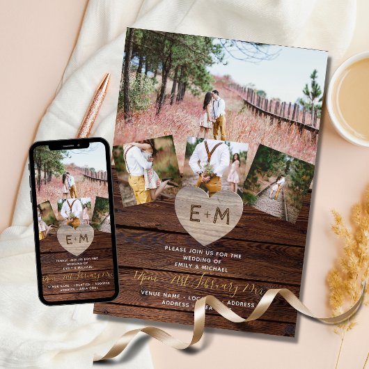 木素朴彫りハートコラージュ結婚式 招待状