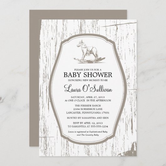 木素朴揺り馬赤ちゃんシャワー 招待状 (正面/裏面)