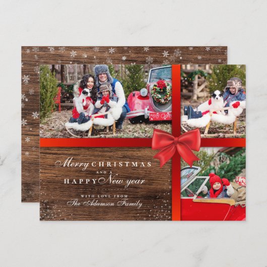 木素朴材とクリスマスのラッピング | 3枚の写真コラージュ ポストカード (正面/裏面)