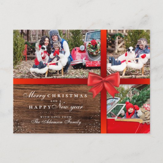 木素朴材とクリスマスのラッピング | 3枚の写真コラージュ ポストカード (正面)