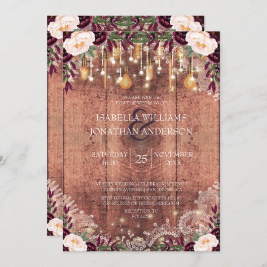木素朴材とストリングライトのフローラ結婚の 招待状 (正面/裏面)