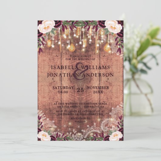 木素朴材とストリングライトのフローラ結婚の 招待状 (スタンド正面)