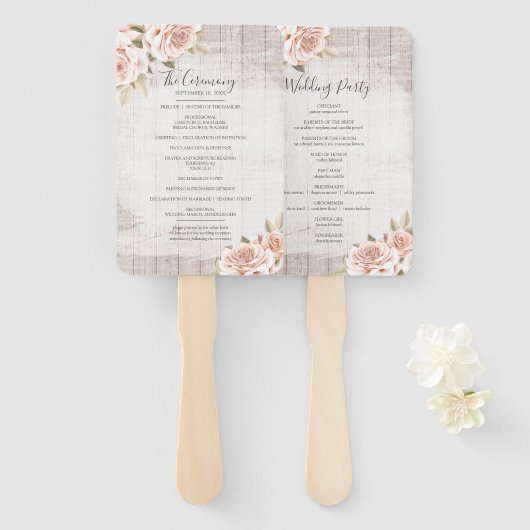 木素朴材とバラの結婚式 プログラムとパーティー一覧 ハンドファン (正面&裏面)