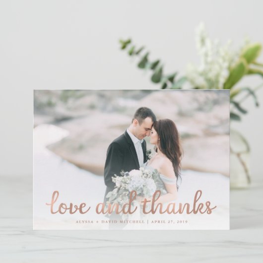 木素朴材とバラの金ゴールド結婚の写真ありがとう サンキューカード (スタンド正面)