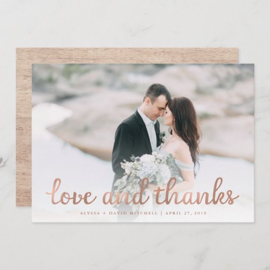 木素朴材とバラの金ゴールド結婚の写真ありがとう サンキューカード (正面/裏面)