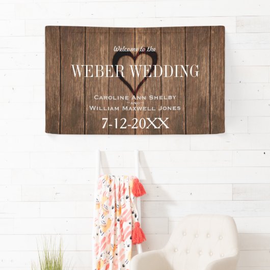 木素朴材と刻印されたハートのバ結婚ナー 横断幕 (インサイチュ)