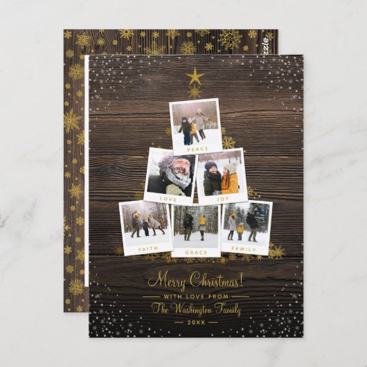 木素朴材と金ゴールド | クリスマスツリー写真コラージュ ポストカード (正面/裏面)