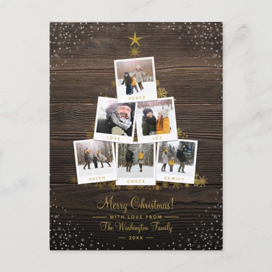 木素朴材と金ゴールド | クリスマスツリー写真コラージュ ポストカード (正面)