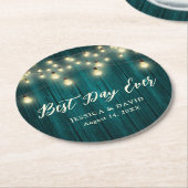 木素朴材ストリングライトティール（緑がかった色）結婚ズ ラウンドペーパーコースター (アングル)