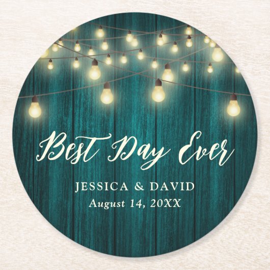 木素朴材ストリングライトティール（緑がかった色）結婚ズ ラウンドペーパーコースター (正面)