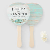 木素朴材ターコイズフローラ名結婚と日付 ハンドファン (正面&裏面)