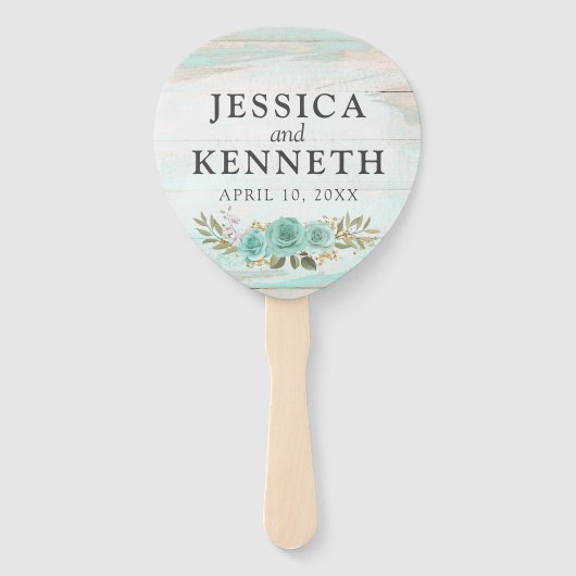 木素朴材ターコイズフローラ名結婚と日付 ハンドファン (正面)