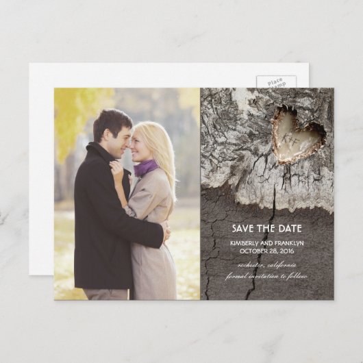 木素朴材ハート樺の木樹皮の写真の保存日付 案内ポストカード (正面/裏面)