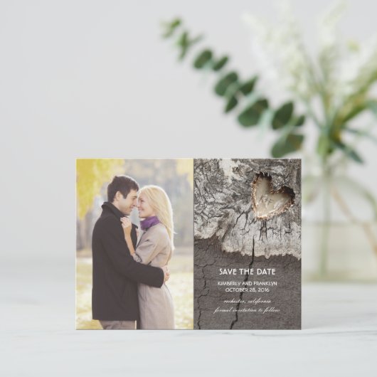 木素朴材ハート樺の木樹皮の写真の保存日付 案内ポストカード (スタンド正面)