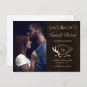 木素朴材バラ金ゴールド〔雄ジカの〕枝角写真の保存日付 インビテーションポストカード (正面/裏面)