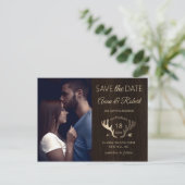 木素朴材バラ金ゴールド〔雄ジカの〕枝角写真の保存日付 インビテーションポストカード (スタンド正面)