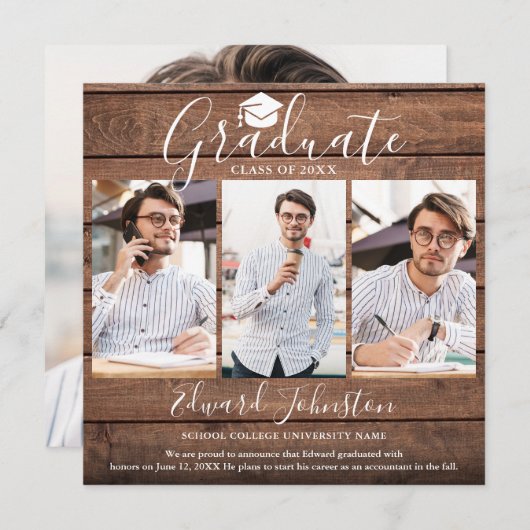 木素朴材卒業生4写真卒業 案内状 (正面/裏面)