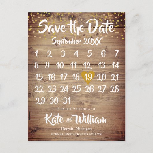 木素朴材金ゴールド愛ハートカレンダー日付を保存 案内ポストカード (正面)